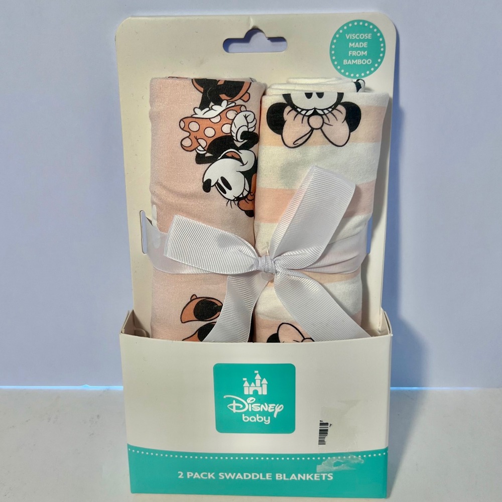 Disney Baby Minnie Mouse 2 Pack Swaddle Blankets Bamboo Viscose Pink Stripe NEW